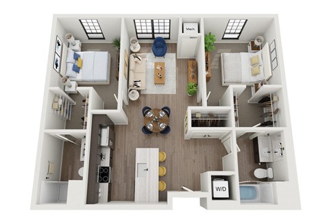 Floor plan for 2 beds, 2 baths, 1017 sqft